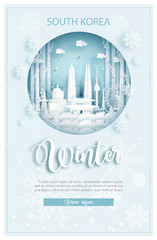 Winter in South Korea for travel and tour advertising concept with world famous landmark in paper cut style vector illustration.