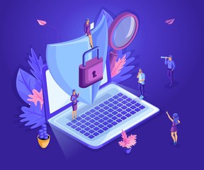 Wall Mural - isometric small people working with a laptop, protecting information from theft, phishing, stealing 