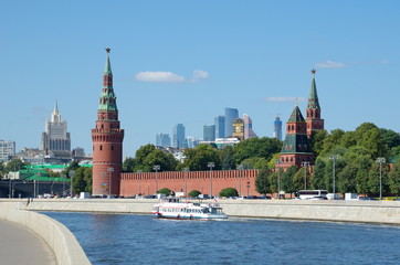 Summer view of the Moscow Kremlin and the Kremlin embankment on a Sunny day, Moscow, Russia