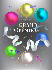 Wall Mural - Grand opening invitation card with levitation ribbons, confetti and air balloons