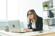 © satura_ - Business, web design and graphic art concept - Beautiful smiling woman in glasses using mouse pan sketch device