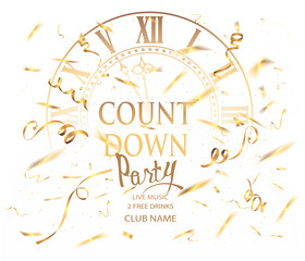 Wall Mural - Count down party banner with golden clock and confetti. Vector illustration