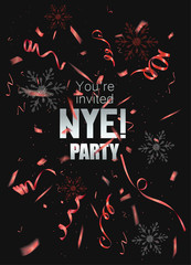 Wall Mural - New year party announcement card with silver and red snowflakes and levitating serpentine. Vector illustration