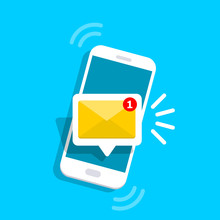 Message Icon 3d. Reminder On Screen Smartphone. New Email Notification. Sms Message Concept In Flat Style. Isolated Vector Illustration.
