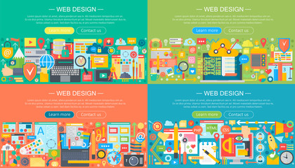 Aufkleber - Web design horisontal flat concept design banners set. Mobile phone apps services and apps, web design, application development, visual programming vector illustration.