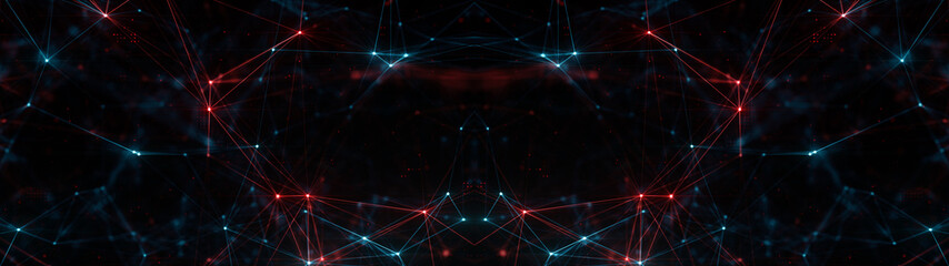 Wall Mural - abstract ultra wide plexus structure of many glowing lines and particles. orange blurred background 
