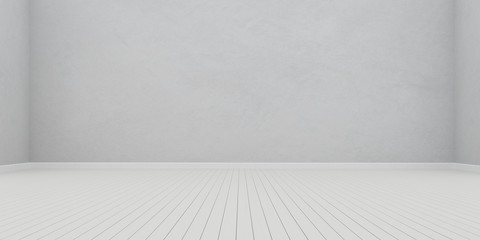 Poster - Stimulate image of white empty room interior and laminate wood floor with sun light cast shadow on the wall,Perspective of minimal design architecture. 3D rendering
