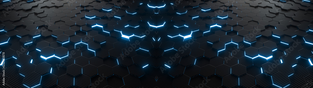 Abstract hexagonal geometric ultra wide background. Structure of lots of hexagons of carbon fiber with bright energy light breaking through the cracks. 3d rendering	 - obrazy, fototapety, plakaty 