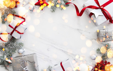 christmas and new year holiday background. xmas greeting card. christmas gifts on white marble backg