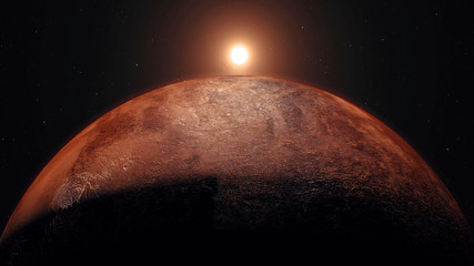 Wall Mural - mars, sunrise over planet mars, dark side of the red planet with shading 3d rendering. stars, space,