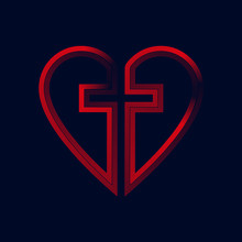 Christian Cross Inside Red Heart Painted By Brush. Vector Illustration Isolated In Dark Blue Background.
