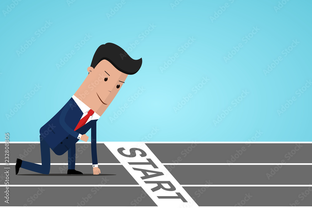 Start Line Side View Businessman ready to sprint on starting line. Starting career concept ...