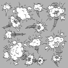 Speed cloud comic. Cartoon fast motion clouds, smoke effects and motions trail vector elements set