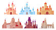 Medieval castle towers. Fairytail mansion exterior, king fortress castles and fortified palace with gate cartoon vector set