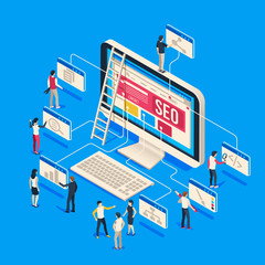 Wall Mural - Isometric seo agency. Creative people startup develop team creating together on computer. 3d seo vector illustration