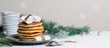 Pancakes with Marshmallow on Winter Background, Christmas Dessert