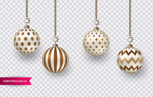 Set Of Realistic Brown - Gold Christmas Balls With Various Patterns. Vector