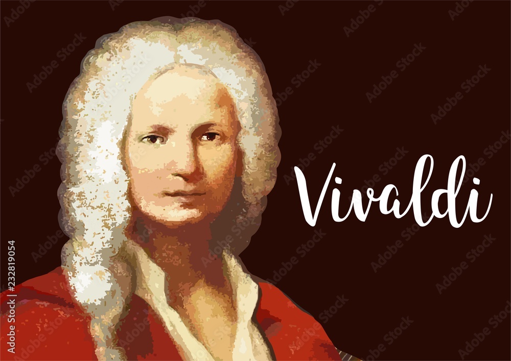 Antonio Vivaldi - portrait of great composer with vector signature - obrazy, fototapety, plakaty 