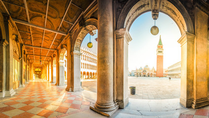 view of famous San Marco square through open gallery, Venice, Italy, retro toned