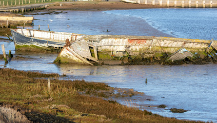 Two sunken boats in the mud