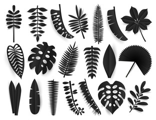 Tropical black paper cut leaves. Trendy summer exotic plants elemets with shadow isolated on white background. Black friday design elements. Origamy style vector illustration.