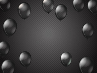 Poster - Flying black transparent balloons on dark transparent background