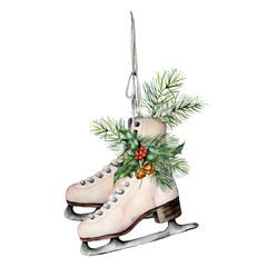 Watercolor vintage skates with winter floral decor. Hand painted white skates with fir branches, berries, holly, poinsettia and fir cone isolated on white background. Christmas symbol for design. 