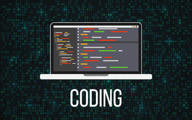 Canvas Print - Coding laptop concept on binary background. Programming desktop and matrix backdrop. Monitor with program code. Mobile development. Vector illustration