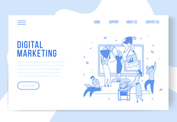 Modern cartoon flat characters,landing page template web online digital marketing concept with ready to use buttons.Flat little people working,programming,moving,setting,making graphs and diagrams