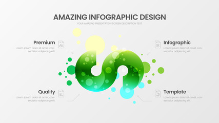 Premium quality 4 option marketing analytics presentation vector illustration template. Business data simple visualization design layout. Amazing colorful curl organic statistics infographic report.