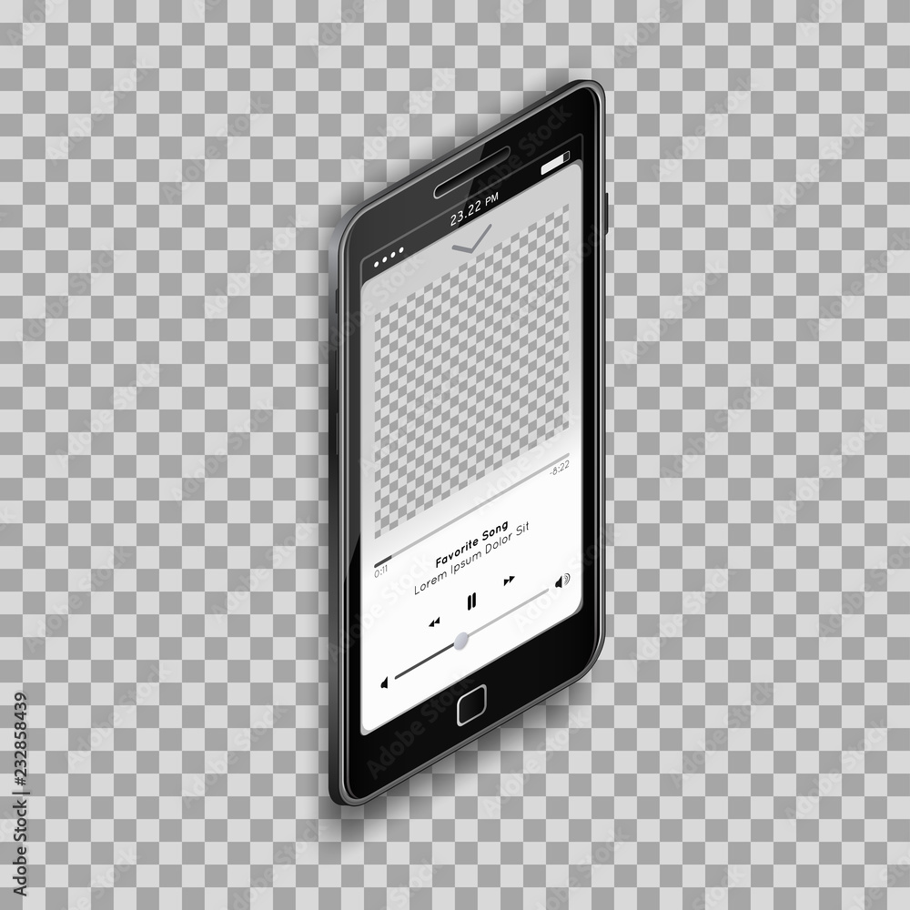 Realistic music player on black smartphone with empty screen on ...