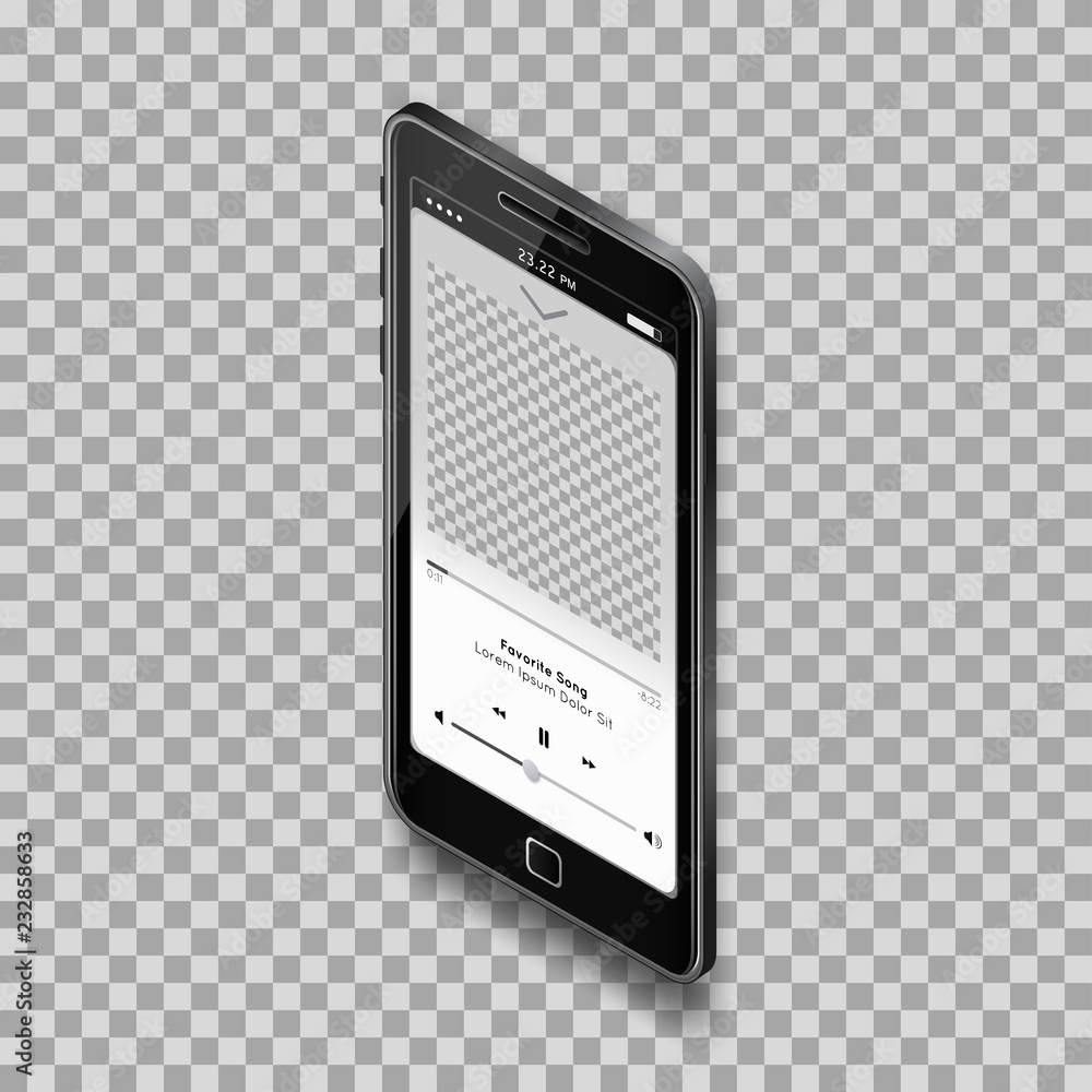 Realistic music player on black smartphone with empty screen on ...