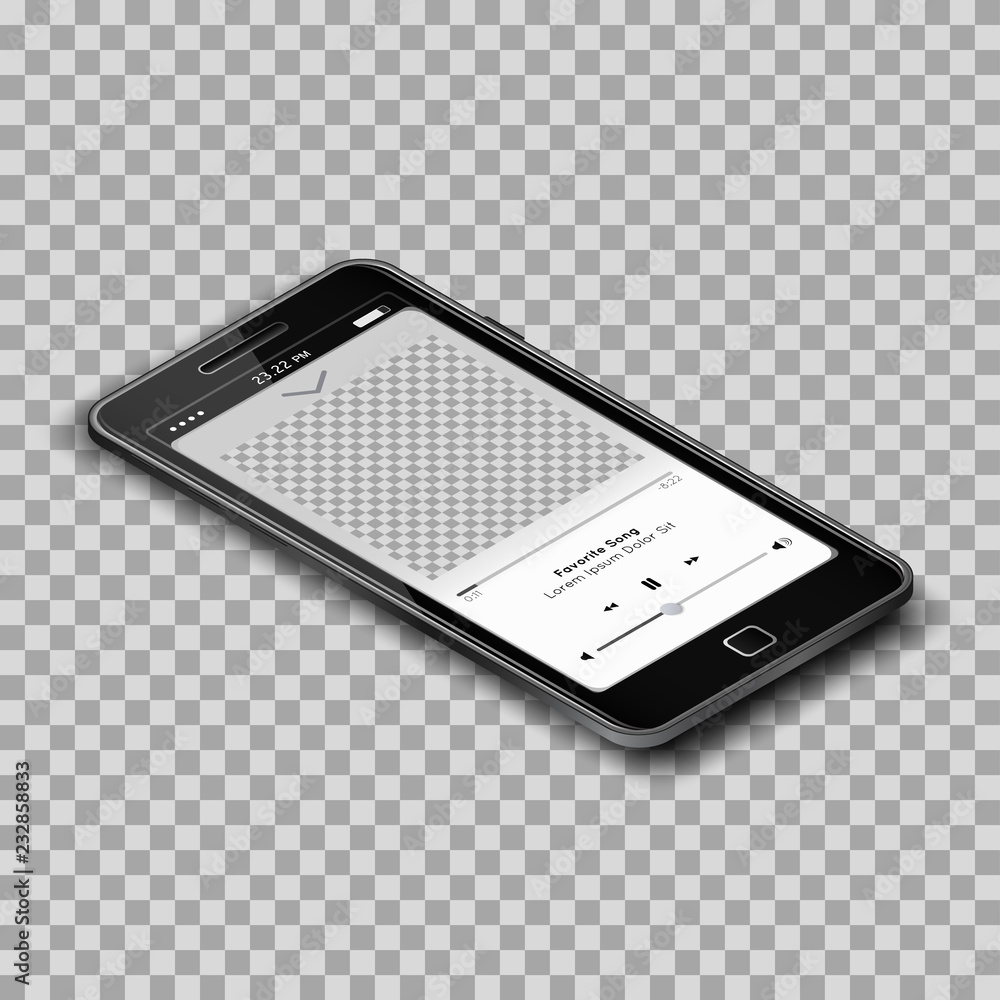 Realistic music player on black smartphone with empty screen on ...