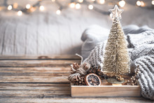 Christmas Festive Decor Still Life On Wooden Background