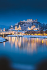 Salzburg old town at twilight in winter, Austria