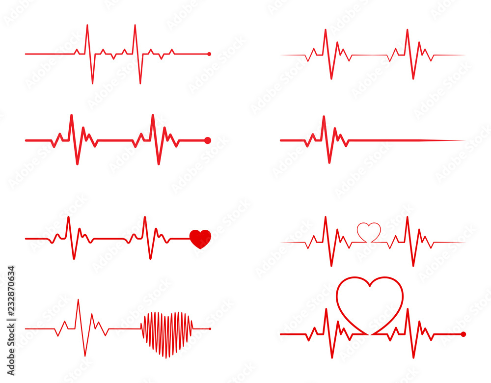 heart rhythm set, Electrocardiogram, ECG - EKG signal, Heart Beat pulse line concept design isolated on white background - obrazy, fototapety, plakaty 