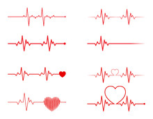 Heart Rhythm Set, Electrocardiogram, ECG - EKG Signal, Heart Beat Pulse Line Concept Design Isolated On White Background