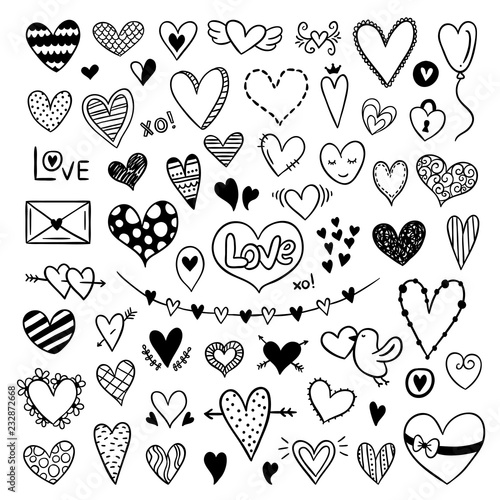 Hand drawn outline vector hearts. Love St. Valentine's Day concept and ...