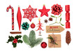 Symbols of Christmas selection with tree decorations, winter flora of fir, holly, mistletoe and pine cone, present,  ribbon bow and gift tag on white background.