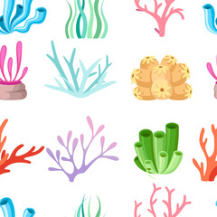Wall Mural - Seamless pattern. Collection of colorful corals and seaweed. Deep sea floral design. Ocean flora and fauna. Flat vector illustration on white background