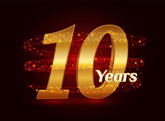 Wall Mural - 10 years golden anniversary 3d logo celebration with glittering spiral star dust trail sparkling particles. Ten years anniversary modern design elements. Vector Illustration.