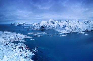Wall Mural - aerial view on the lofoten islands, norway. natural landscape from drone. aerial landscape from air 