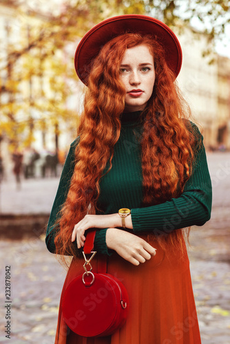 Young Beautiful Fashionable Redhead Woman With Freckles Very Long