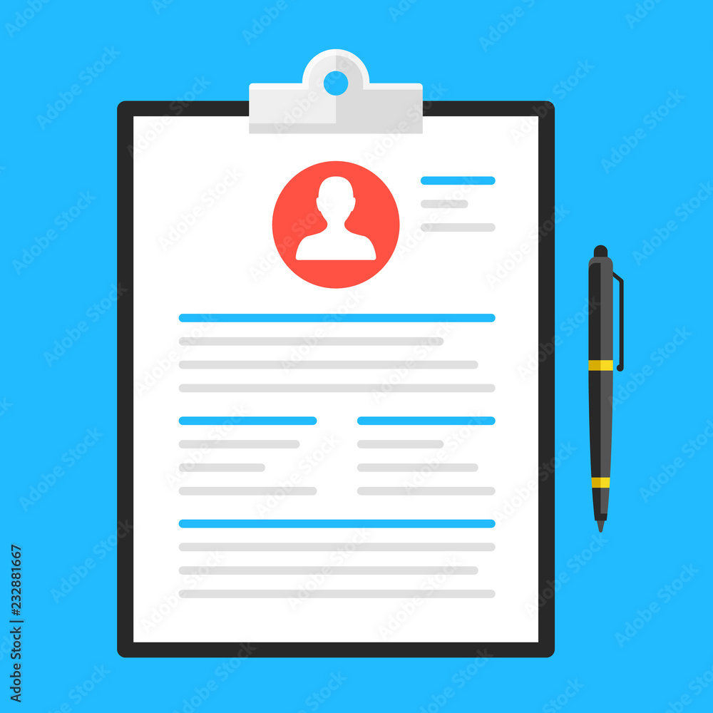 Job application form, resume, cover letter. Clipboard with man profile icon  and pen. Flat design. Vector illustration Stock Vector | Adobe Stock, image size:1000x1000