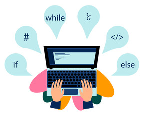 Vector illustration. Workplace of programming. Elements of programming languages