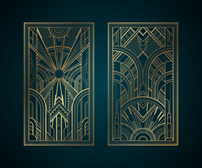 Gold art deco panels on dark turquoise background