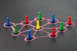 © Nuthawut - Social network, connect or relation concept, game plastic figure on colorful pastel chalk line link and connect between multiple circles or tiers on dark blackboard