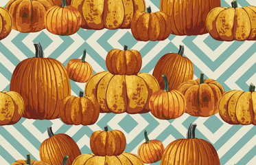 Wall Mural - Printable seamless vintage autumn repeat pattern background with pumpkins. Botanical wallpaper, raster illustration in super High resolution.
