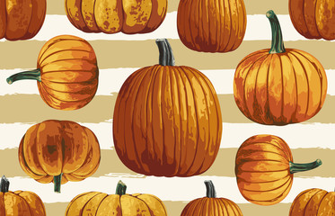 Wall Mural - Printable seamless vintage autumn repeat pattern background with pumpkins. Botanical wallpaper, raster illustration in super High resolution.