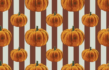 Wall Mural - Printable seamless vintage autumn repeat pattern background with pumpkins. Botanical wallpaper, raster illustration in super High resolution.